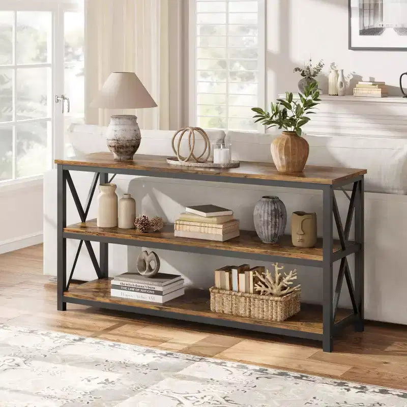 55 Long Console Table, 3-Tier Entryway Table, Sofa Table Behind Couch, Industrial Entry Table, Rectangular Sofa Table, for Hallway, Bedroom
