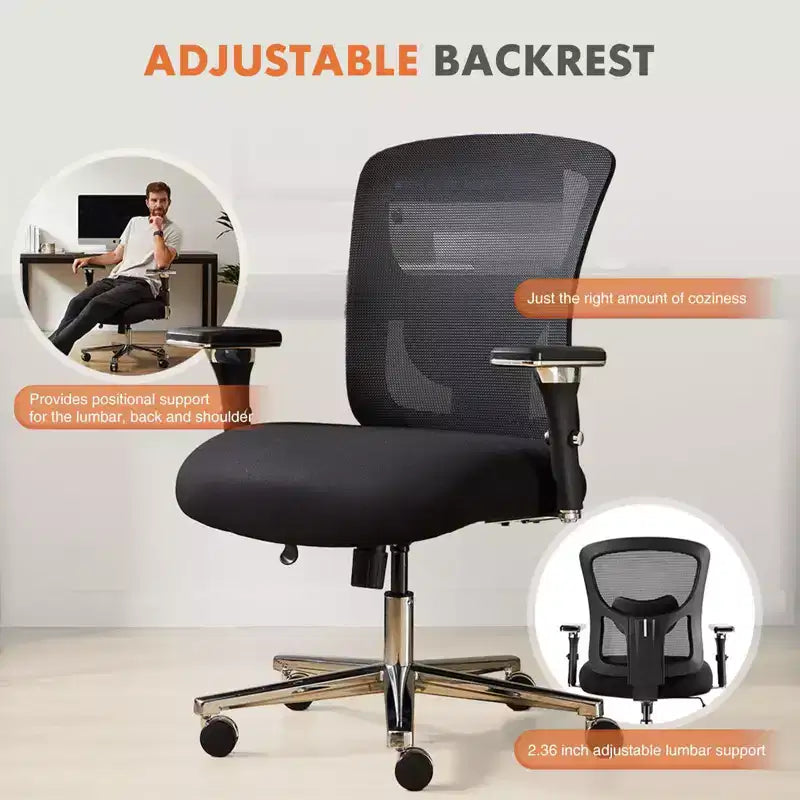 Chaise de bureau ergonomique avec dossier en maille, soutien lombaire et accoudoirs, chaise pivotante pour bureau à domicile, noire