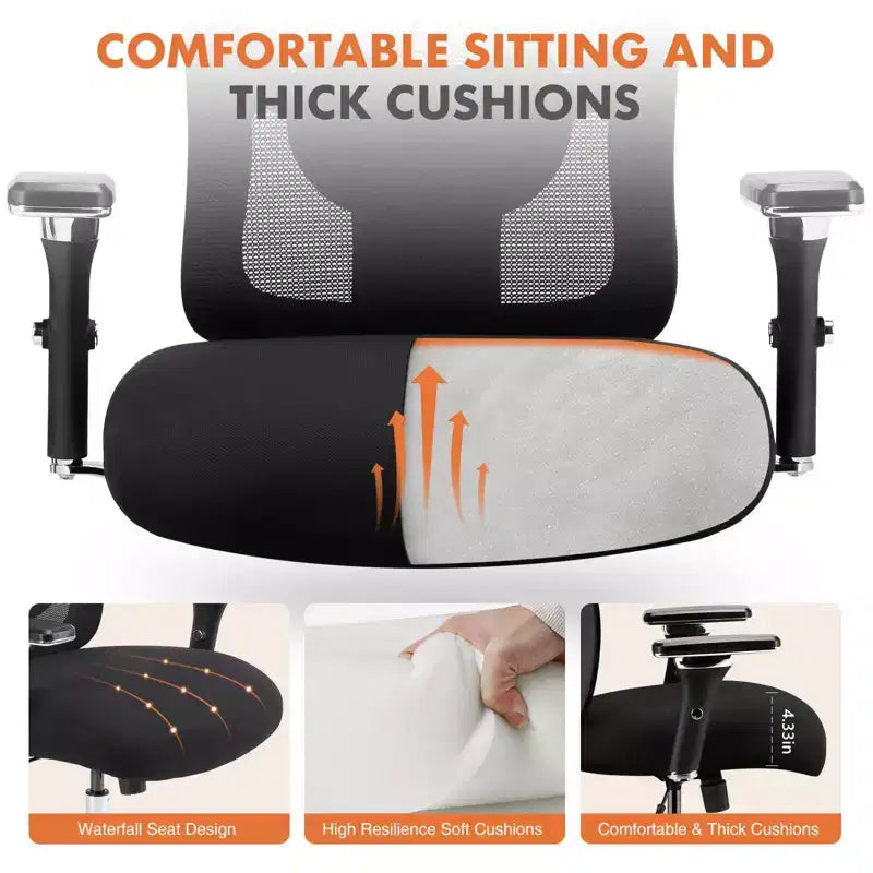 Chaise de bureau ergonomique avec dossier en maille, soutien lombaire et accoudoirs, chaise pivotante pour bureau à domicile, noire