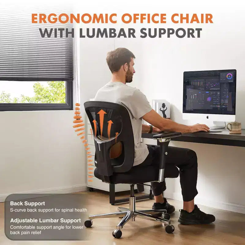 Chaise de bureau ergonomique avec dossier en maille, soutien lombaire et accoudoirs, chaise pivotante pour bureau à domicile, noire