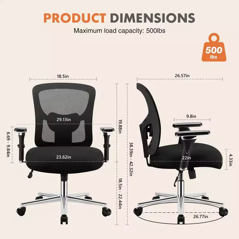 Chaise de bureau ergonomique avec dossier en maille, soutien lombaire et accoudoirs, chaise pivotante pour bureau à domicile, noire