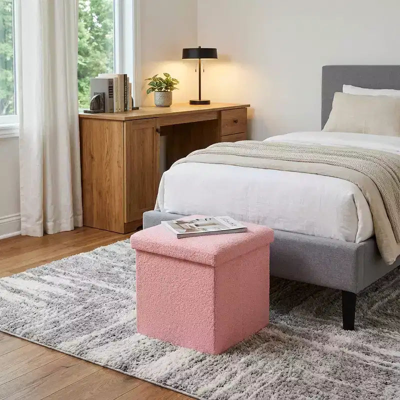 Pouffe de rangement cube bouclé 15 po