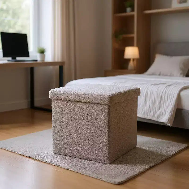 Pouffe de rangement cube bouclé 15 po