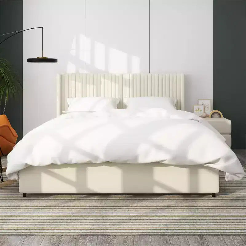 Lit Queen-size en velours capitonné avec tête de lit à oreilles et tiroirs de rangement
