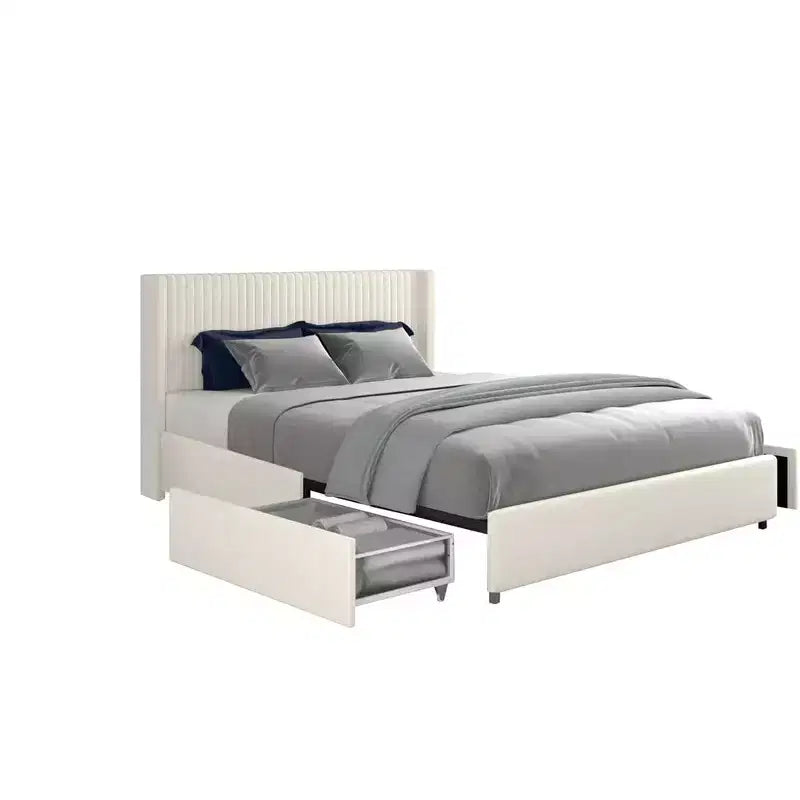 Lit Queen-size en velours capitonné avec tête de lit à oreilles et tiroirs de rangement