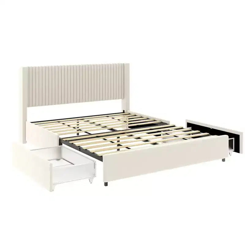 Lit Queen-size en velours capitonné avec tête de lit à oreilles et tiroirs de rangement