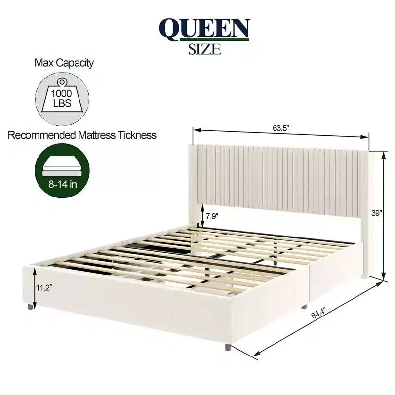 Lit Queen-size en velours capitonné avec tête de lit à oreilles et tiroirs de rangement