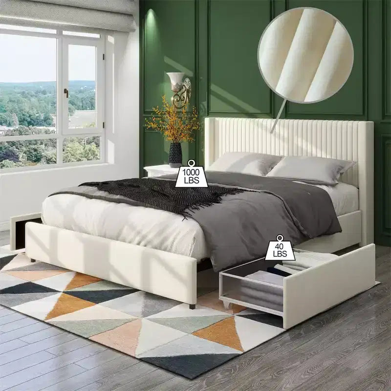 Lit Queen-size en velours capitonné avec tête de lit à oreilles et tiroirs de rangement
