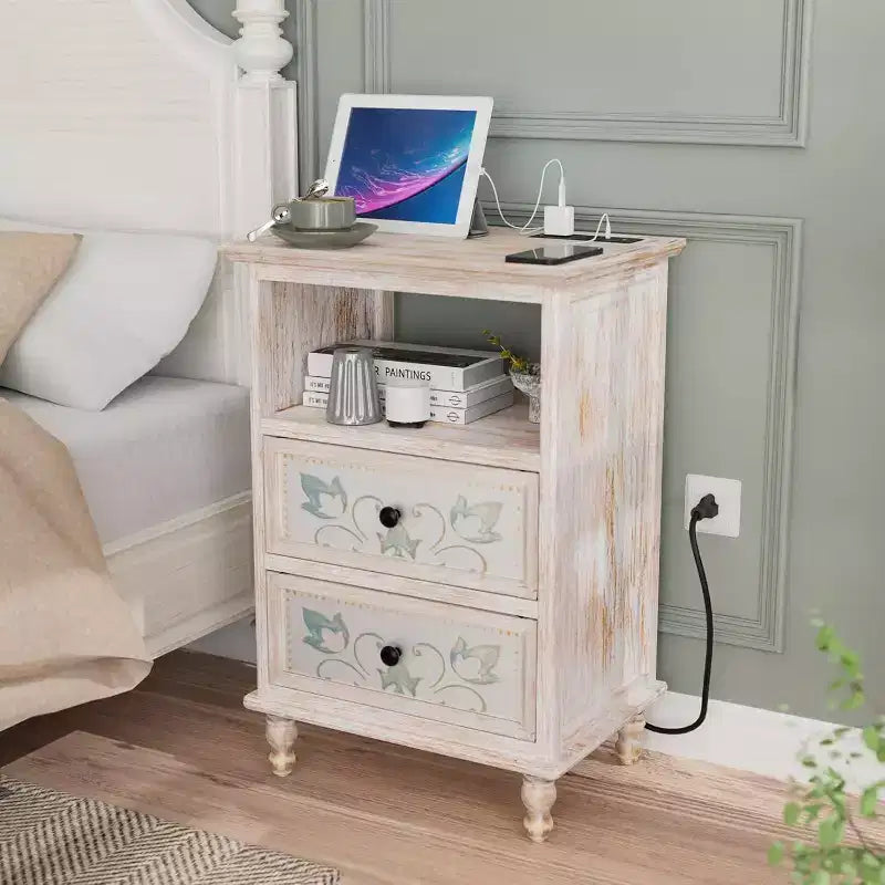 VINGLI White Nightstand with Charging Station, 28.7 Tall Night Stand for Bedroom