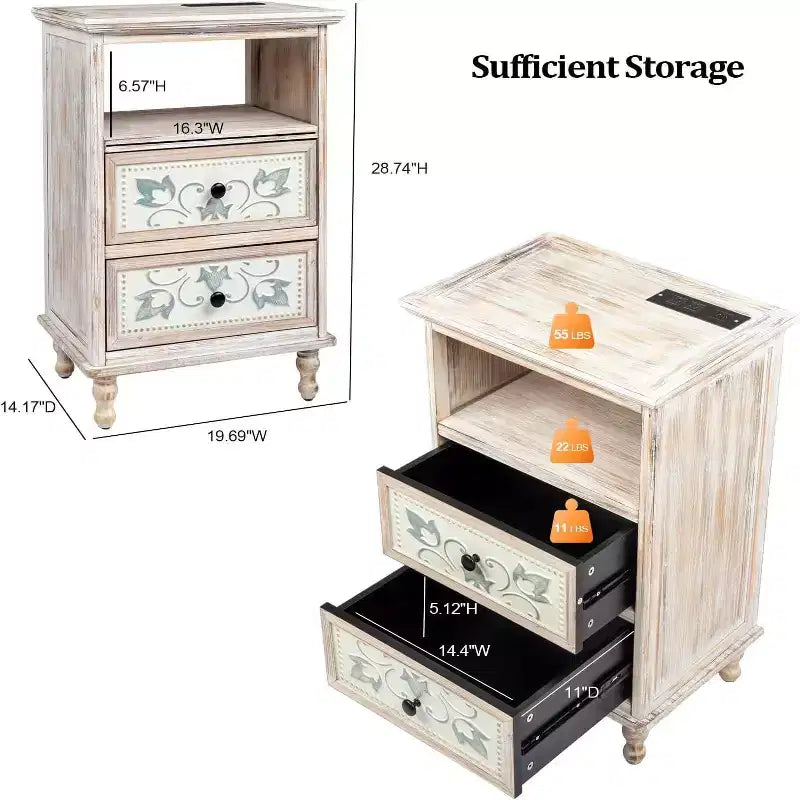 Table de chevet blanche avec station de recharge, table de chevet haute de 73 cm pour chambre à coucher
