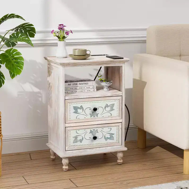 Table de chevet blanche avec station de recharge, table de chevet haute de 73 cm pour chambre à coucher
