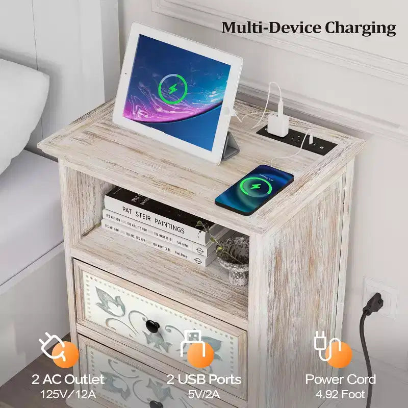 Table de chevet blanche avec station de recharge, table de chevet haute de 73 cm pour chambre à coucher