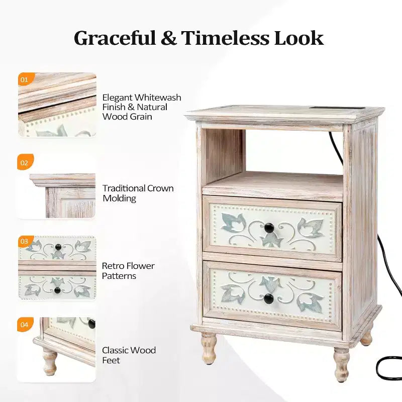 Table de chevet blanche avec station de recharge, table de chevet haute de 73 cm pour chambre à coucher