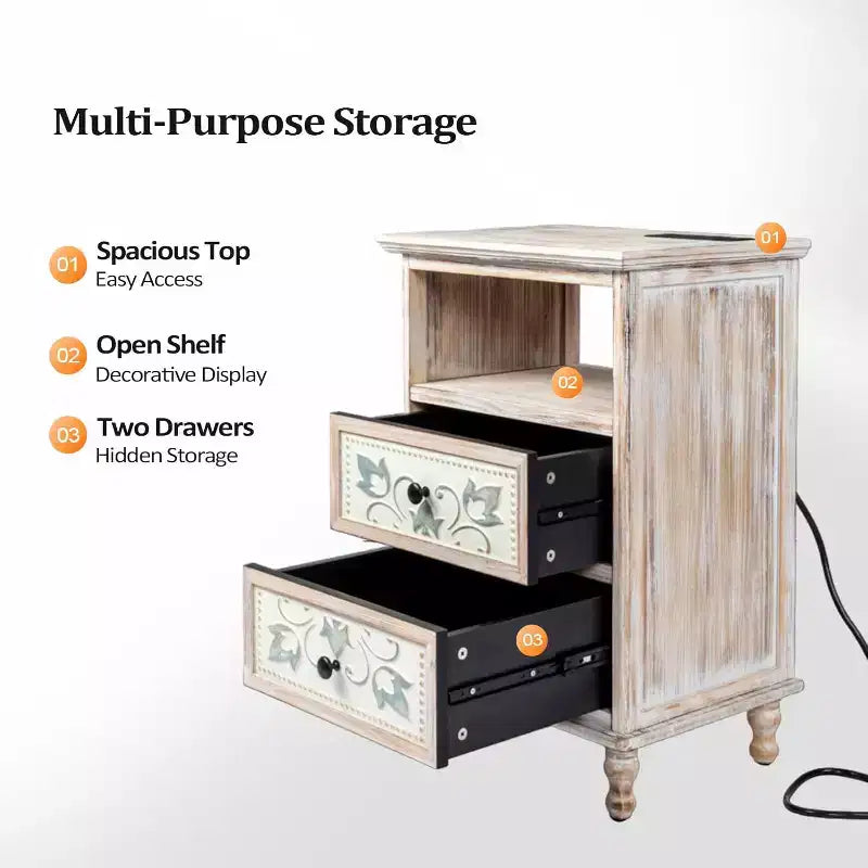 Table de chevet blanche avec station de recharge, table de chevet haute de 73 cm pour chambre à coucher