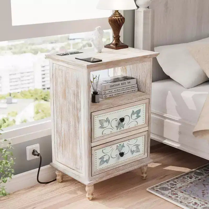 Table de chevet blanche avec station de recharge, table de chevet haute de 73 cm pour chambre à coucher