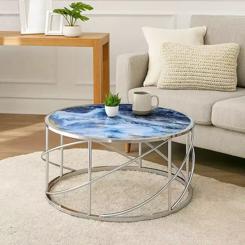 Royal Hampton Round Coffee Table, 33 Inch, Open Chrome Base, Blue Faux Marble