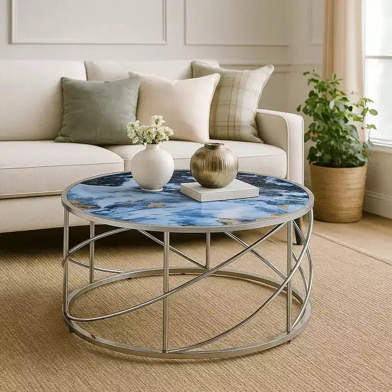 Table basse ronde, 33 pouces, base ouverte chromée, faux marbre bleu