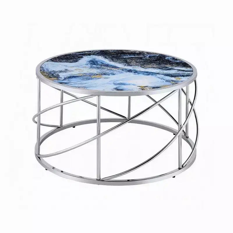 Table basse ronde, 33 pouces, base ouverte chromée, faux marbre bleu