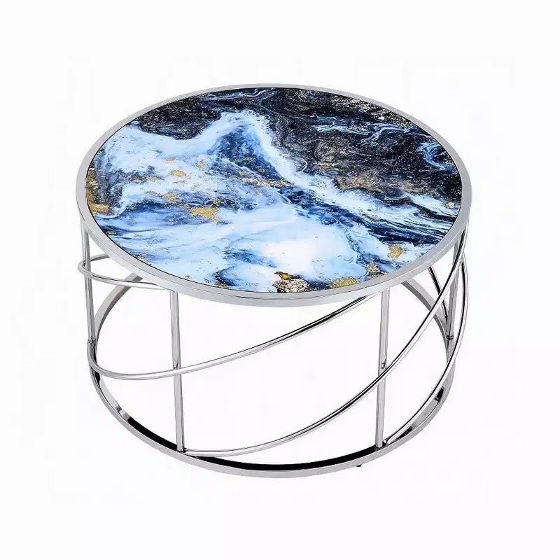 Table basse ronde, 33 pouces, base ouverte chromée, faux marbre bleu