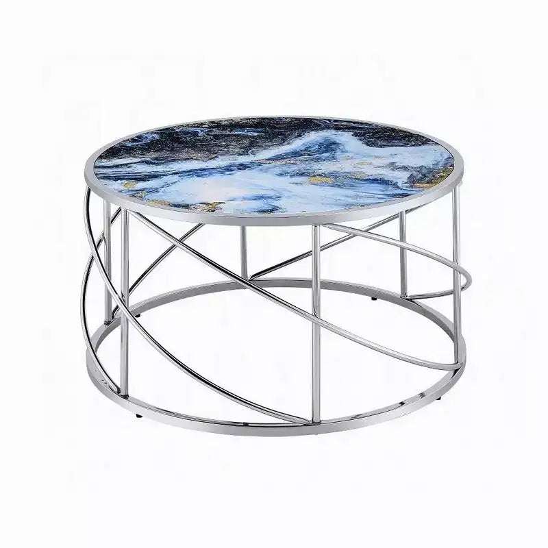 Table basse ronde, 33 pouces, base ouverte chromée, faux marbre bleu