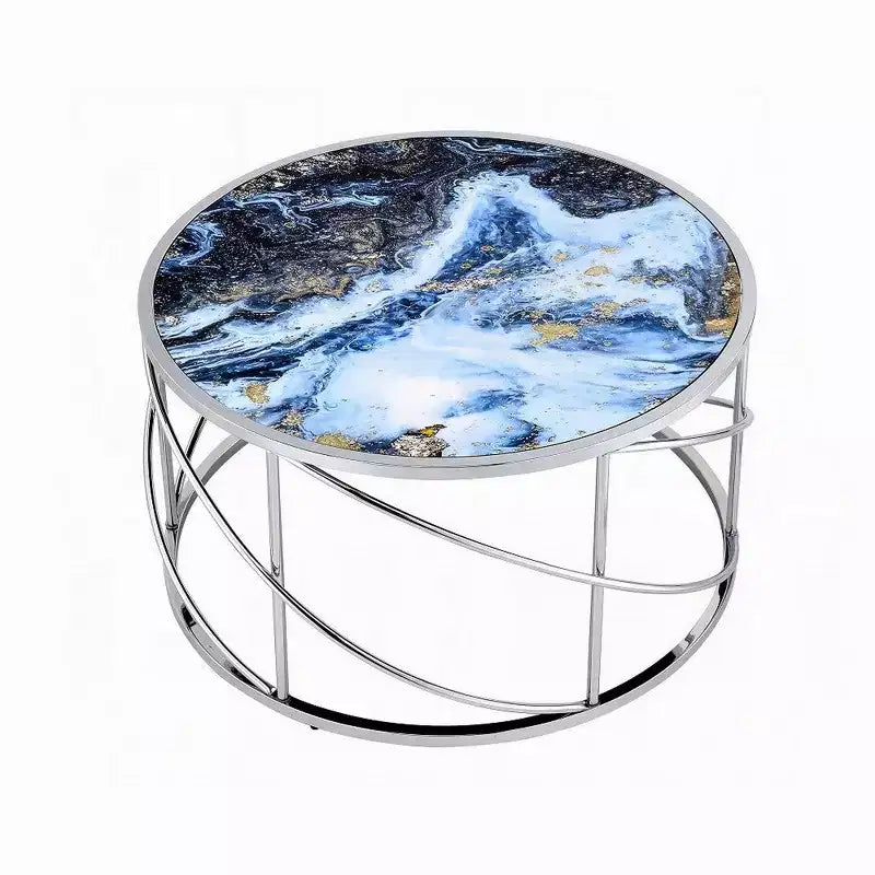 Table basse ronde, 33 pouces, base ouverte chromée, faux marbre bleu