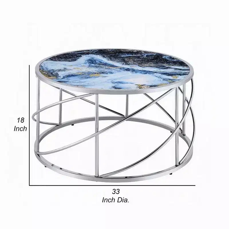 Table basse ronde, 33 pouces, base ouverte chromée, faux marbre bleu