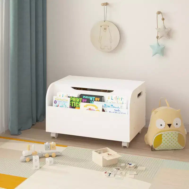 Whisen Wooden Toy Box, Kids Toy Storage Organizer with Front Bookshelf, Flip-Top Lid, Safety Hinge