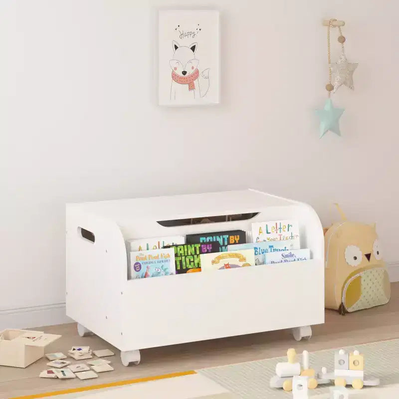 Coffre à jouets en bois, Organisateur de rangement pour enfants avec étagère avant, Couvercle à charnière, Charnière de sécurité