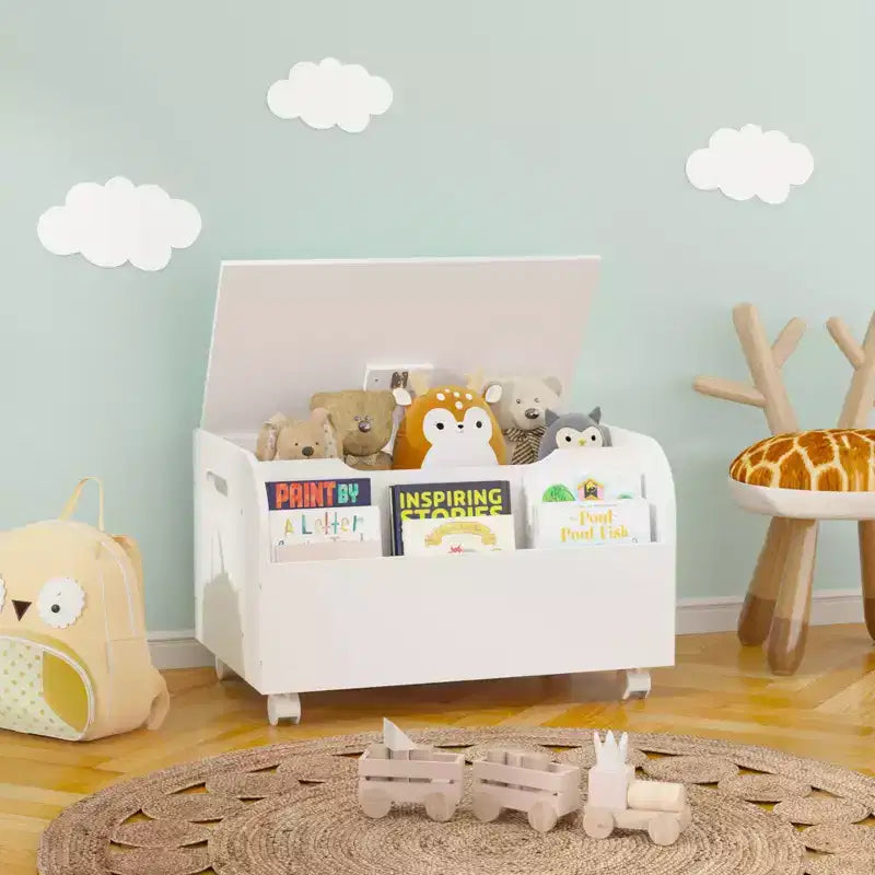 Coffre à jouets en bois, Organisateur de rangement pour enfants avec étagère avant, Couvercle à charnière, Charnière de sécurité