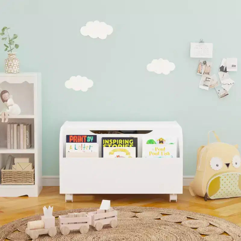 Coffre à jouets en bois, Organisateur de rangement pour enfants avec étagère avant, Couvercle à charnière, Charnière de sécurité