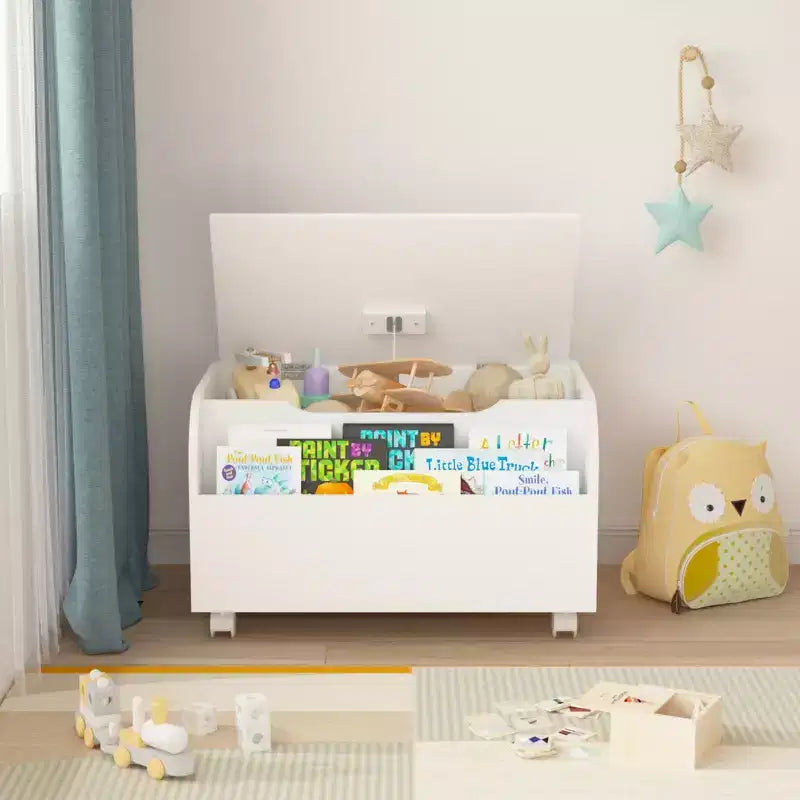 Coffre à jouets en bois, Organisateur de rangement pour enfants avec étagère avant, Couvercle à charnière, Charnière de sécurité