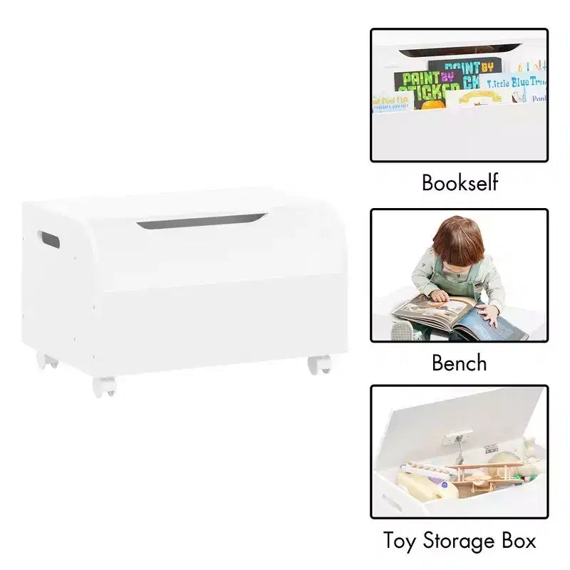 Coffre à jouets en bois, Organisateur de rangement pour enfants avec étagère avant, Couvercle à charnière, Charnière de sécurité