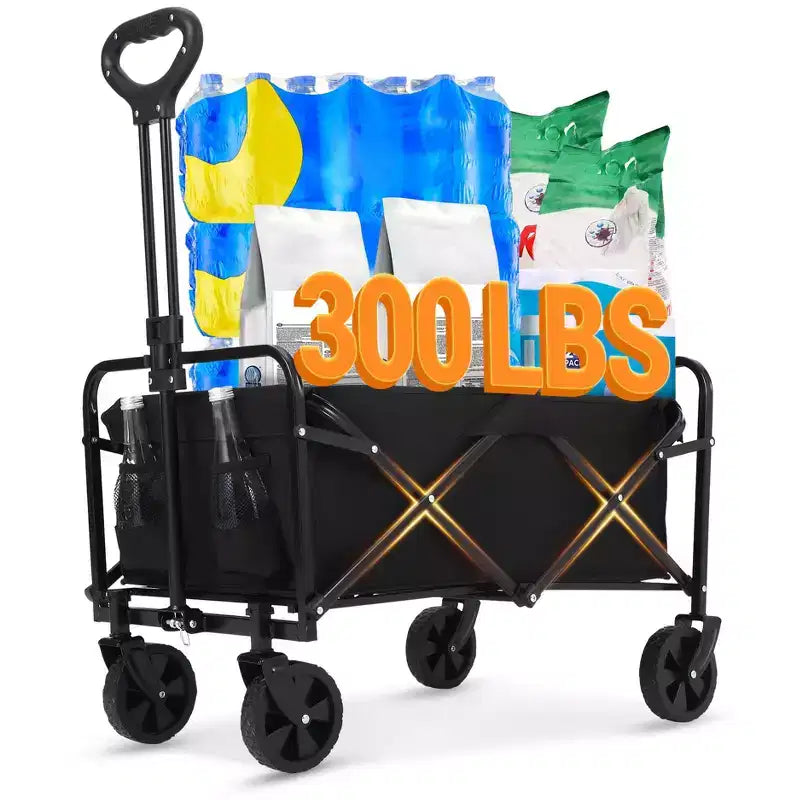 360 lbs heavy duty foldable four wheel cart, multifunctional cart with drink holder, steel frame and waterproof fabric, suitable for kitchen, camping