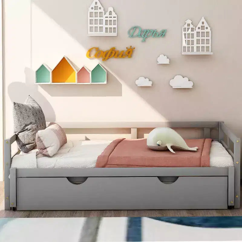 Lit de repos double en bois avec lit gigogne escamotable