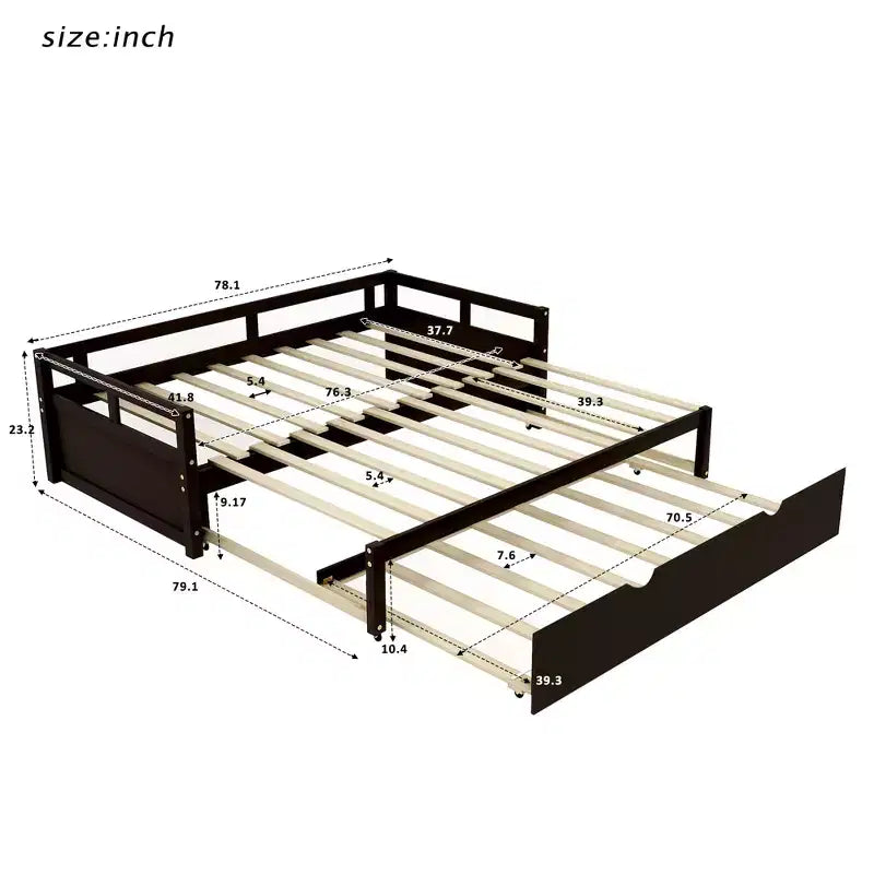 Lit de repos double en bois avec lit gigogne escamotable
