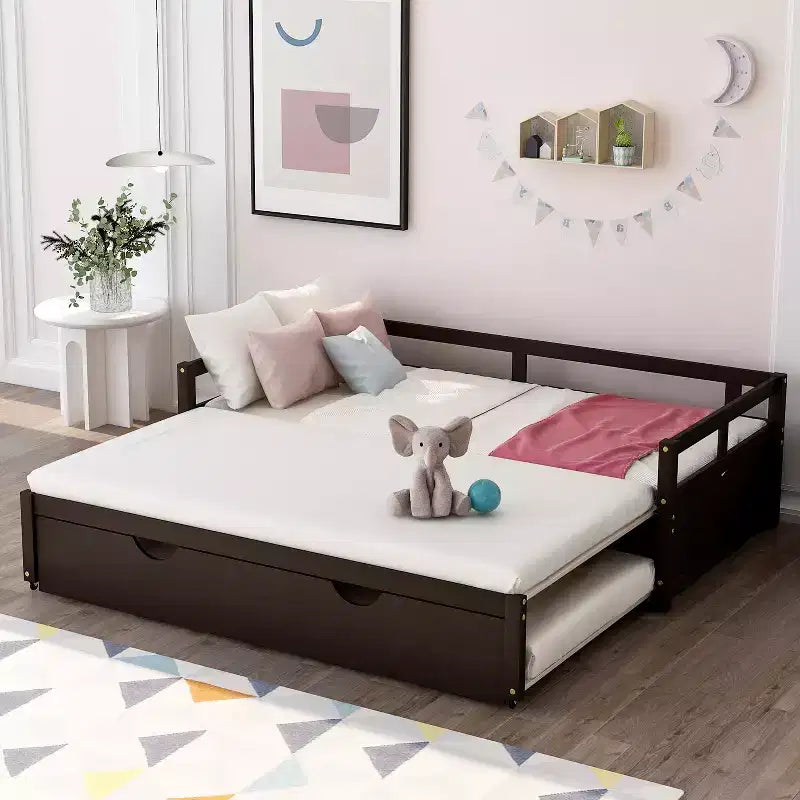 Twin to King Wooden Daybed with Trundle, Extendable Solid Wood Daybed Frame with Pull-Out Trundle