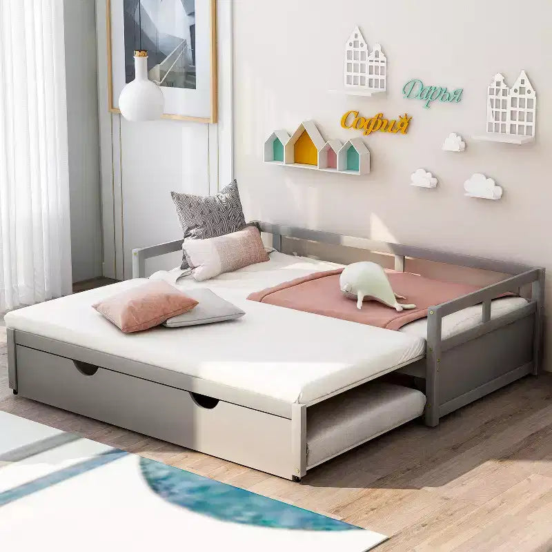 Lit de repos double en bois avec lit gigogne escamotable