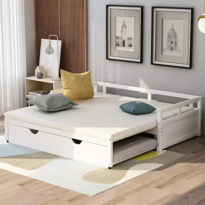 Lit de repos double en bois avec lit gigogne escamotable