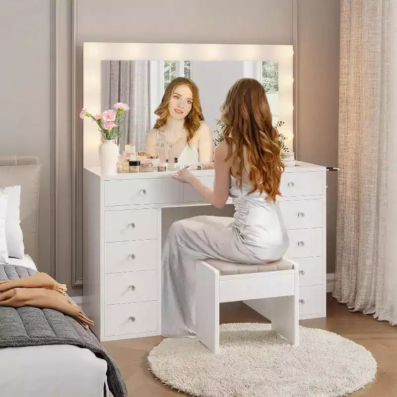 Vanity Desk with Power Outlet & 12 LED Lighted Mirror - 11 Drawers 45 Glass Top Makeup Vanity with 3 Lighting Modes