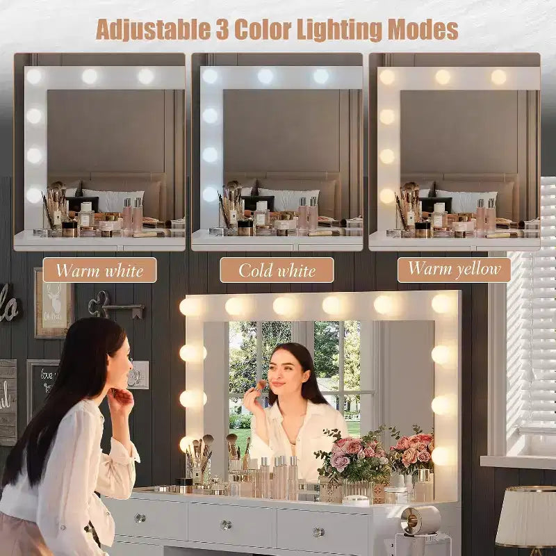 Coiffeuse avec prise de courant et miroir à 12 LED – 11 tiroirs, plateau en verre 45", 3 modes d'éclairage