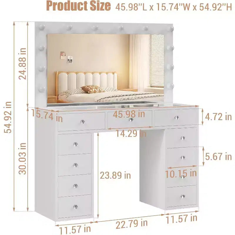 Coiffeuse avec prise de courant et miroir à 12 LED – 11 tiroirs, plateau en verre 45", 3 modes d'éclairage