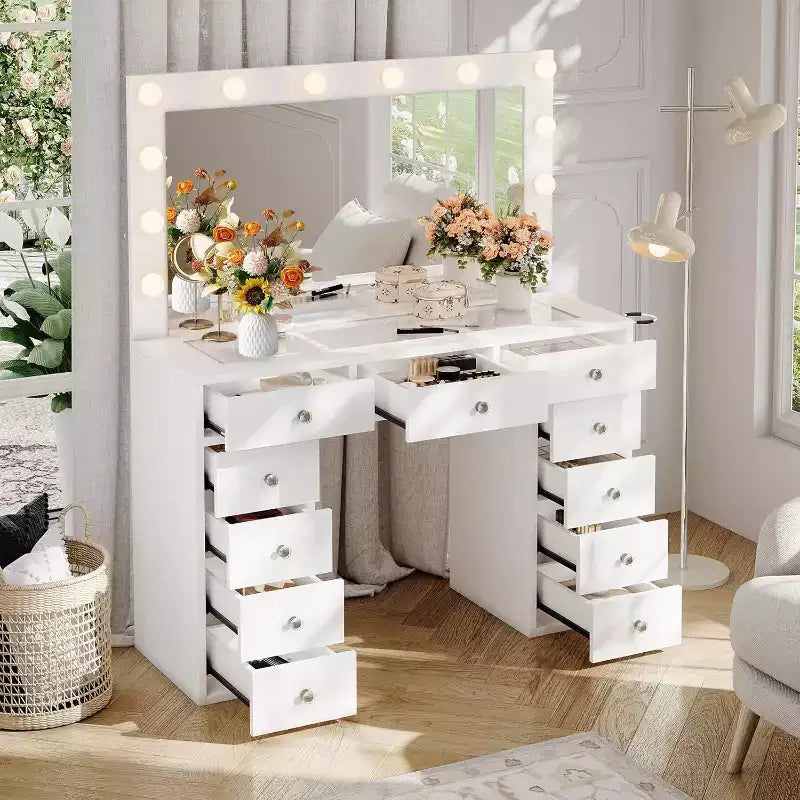 Coiffeuse avec prise de courant et miroir à 12 LED – 11 tiroirs, plateau en verre 45", 3 modes d'éclairage
