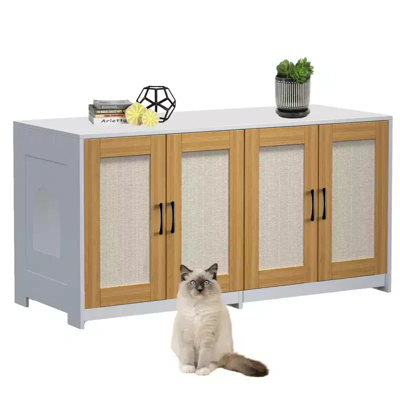 Meuble TV en bois pour chat avec litière cachée et rangement