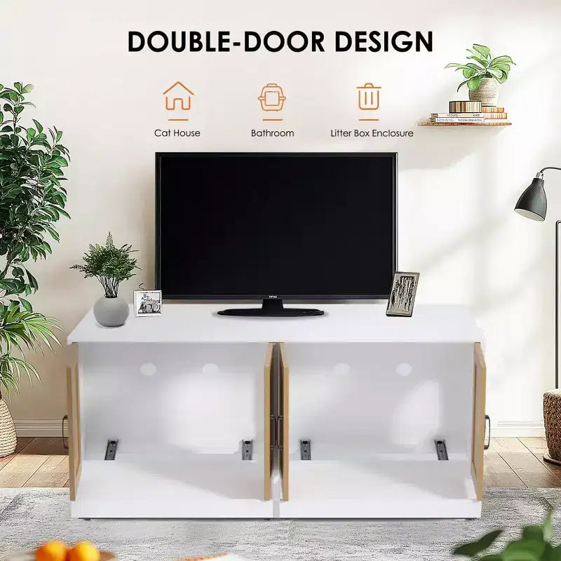 Meuble TV en bois pour chat avec litière cachée et rangement