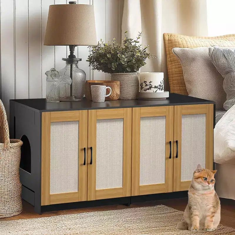 Meuble TV en bois pour chat avec litière cachée et rangement