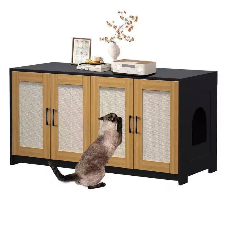 Indoor Cat House TV Stand Side Table Wooden Hidden Litter Box Furniture with Storage Includes Scratching Board Indoor Cat House TV Stand Side Table