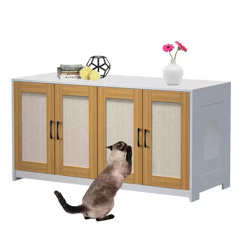 Meuble TV en bois pour chat avec litière cachée et rangement