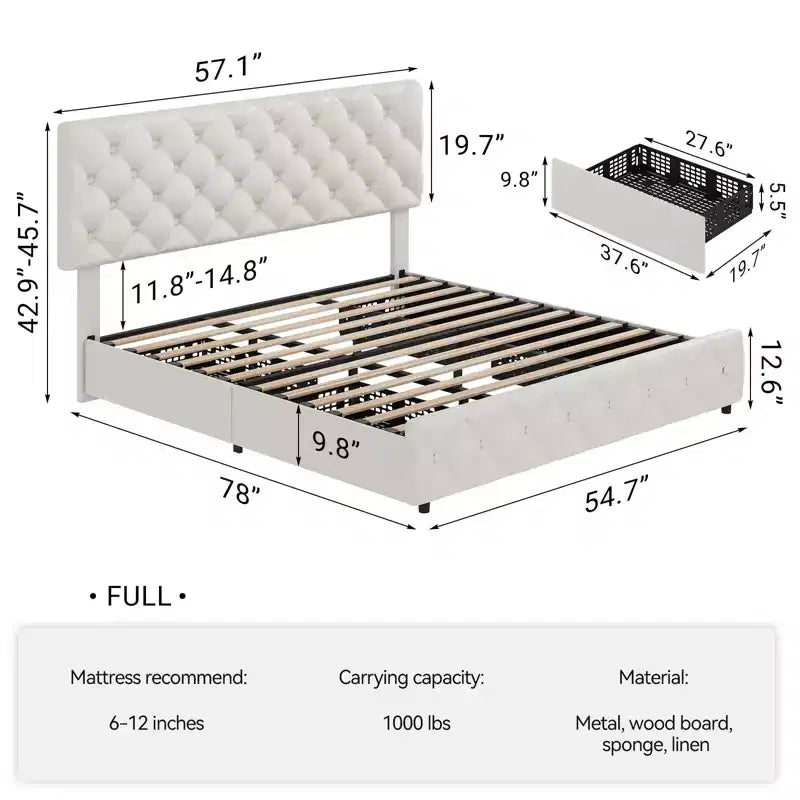 Cadre de lit Queen Size avec 4 tiroirs de rangement et une tête de lit réglable