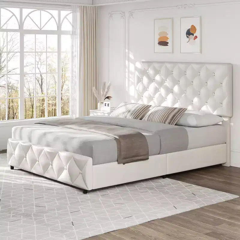 Cadre de lit Queen Size avec 4 tiroirs de rangement et une tête de lit réglable