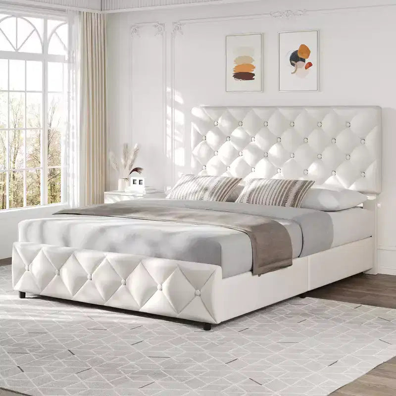 Cadre de lit Queen Size avec 4 tiroirs de rangement et une tête de lit réglable